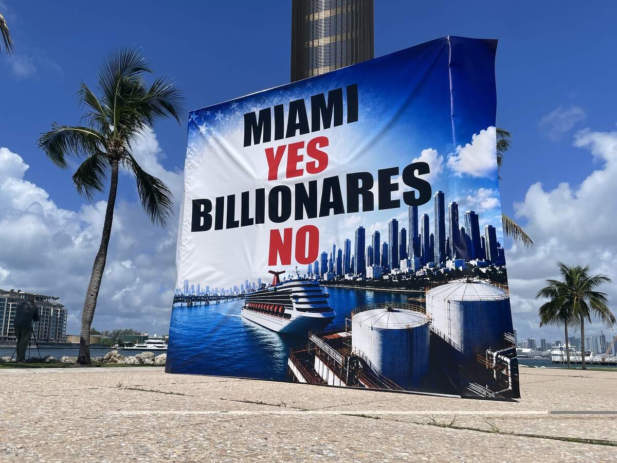 Billionaires are not always welcome. Back in May, a sign reads “Miami Yes, Billionares No” in support of returning Fisher Island’s fuel facility for PortMiami into the county’s hands